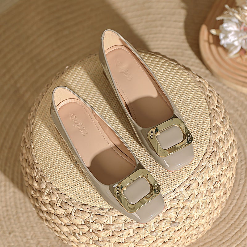 Low-Heeled Flats, Feminine And Comfortable, 2025 Spring & Fall New Patent Leather Square-Toe Granny Shoes, Red Thick-Heeled High Heels - Image 1