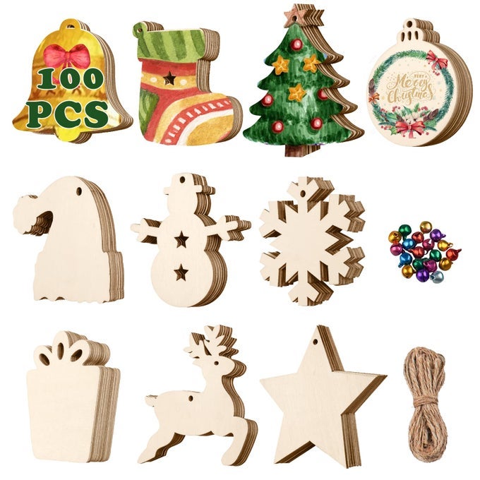 100PCS DIY CHRISTMAS CRAFTS WOODEN CHRISTMAS ORNAMENTS UNFINISHED PREDRILLED WOOD CIRCLES FOR CRAFTS CENTERPIECES HOLIDAY HANGING DECORATIONS