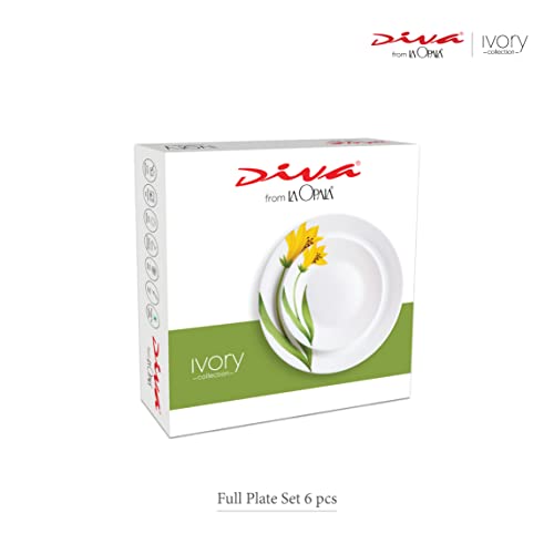 La Opala Diva Ivory Collection Opal Glass Crockery | Full Plate 11” Set of 6 | Grace Blue Design | Dinner Plate for Dining & Gifting | Microwave Safe | 100% Vegetarian | Extra Strong, Light & White - Image 4