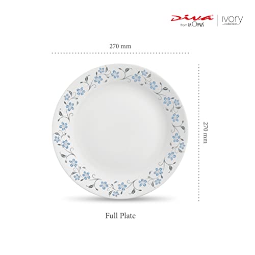 La Opala Diva Ivory Collection Opal Glass Crockery | Full Plate 11” Set of 6 | Grace Blue Design | Dinner Plate for Dining & Gifting | Microwave Safe | 100% Vegetarian | Extra Strong, Light & White - Image 2