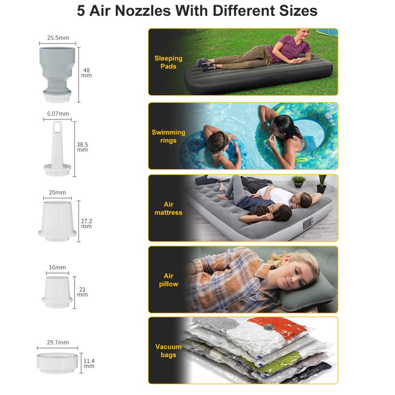 Portable Air Pump Cordless Electric Air Pump Quick Inflate Deflate for Pool Floats Air Mattress Swimming Ring Vacuum Storage Bag Built-in 2000mAh Battery with LED Camping Lantern 5 Nozzles - Image 4