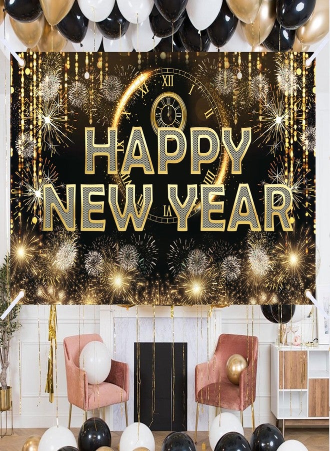 FECEDY HAPPY NEW YEAR Hanging Extra Large Fabric Sign Poster Black Background Banner with Firework Pattern for New year Party Decorations - Image 3
