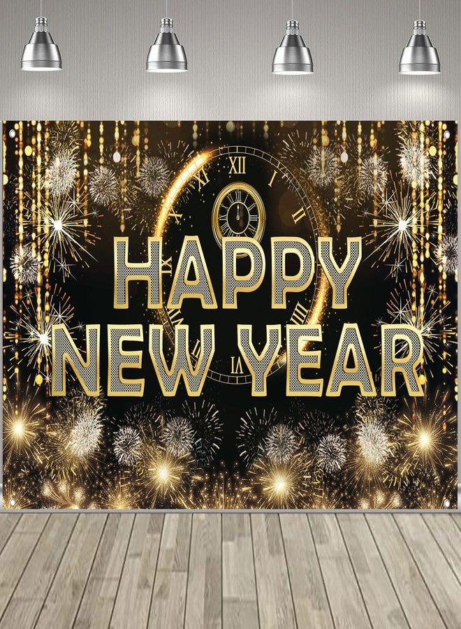 FECEDY HAPPY NEW YEAR Hanging Extra Large Fabric Sign Poster Black Background Banner with Firework Pattern for New year Party Decorations - Image 1