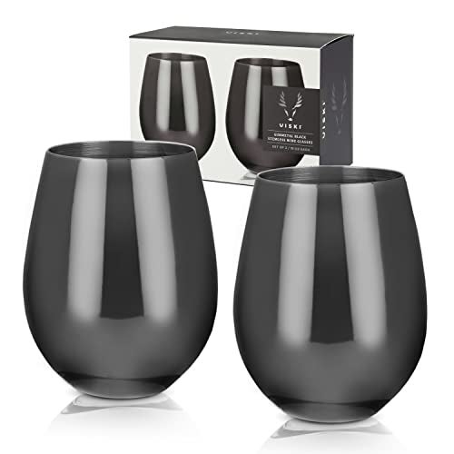 Viski Gunmetal Wine Glasses Stemless Wine Glass Set Stainless Steel with Black Finish 18 Ounces Set of 2 Black