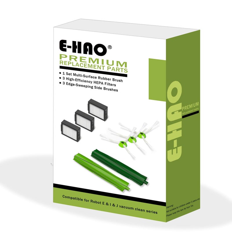 E-HAO Replacement Vacuum Parts for iRobot Roomba i & j & e and Combo i & j Series, 1 Sets Rubber Brushes, 3 HEPA Filters, 3 Side Brushes for i1+/i2+/i3+/i4+/i5+/i6+/i7+/i8+/j5+/j6+/j8+/j9+/e5/e6 - Image 1