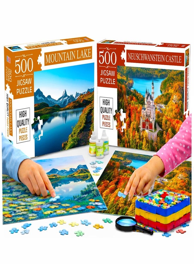 BRIJBASI Set of 2-500 Jigsaw Puzzles : Neuschwanstein + Mountain Lake Jigsaw Puzzle for Adults & Kids Above 9 Years | Fun & Challenging Puzzle Games for Stress Relief Focus and Memory - Image 1