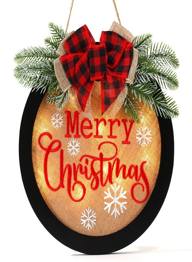 HOMCDALY Merry Christmas Welcome Sign for Front Door, Winter Merry Christmas Wreath with Light, Farmhouse Door Decoration Wooden Hanging Sign, Winter Home Decoration (F-Xmas-Black) - Image 1