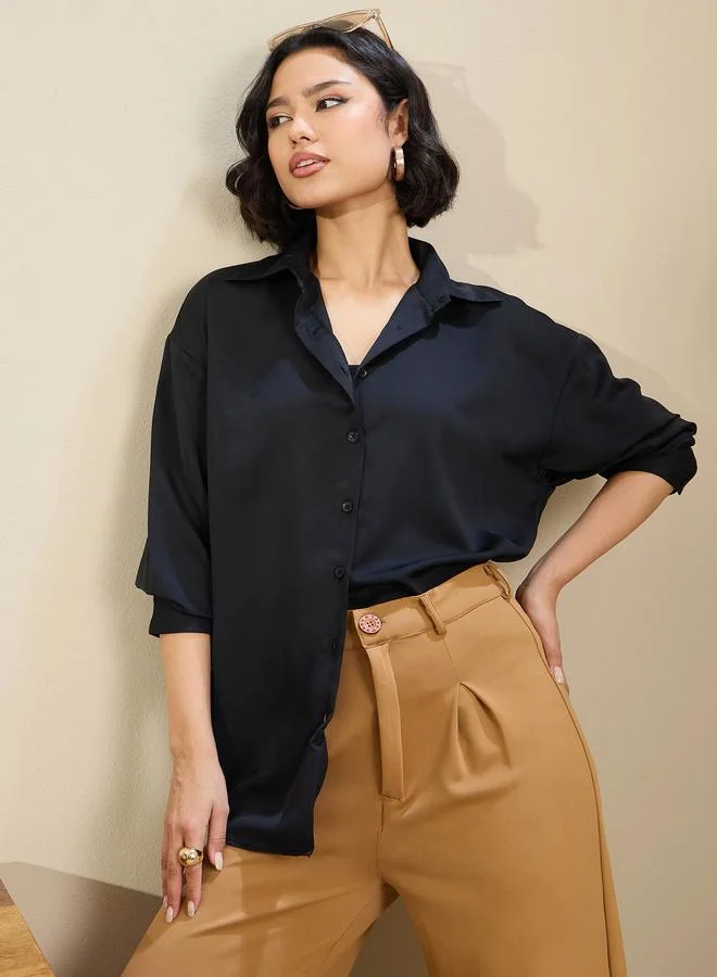 SASSAFRAS SASSAFRAS Black Satin Oversized Curved Hem Buttoned Shirt
