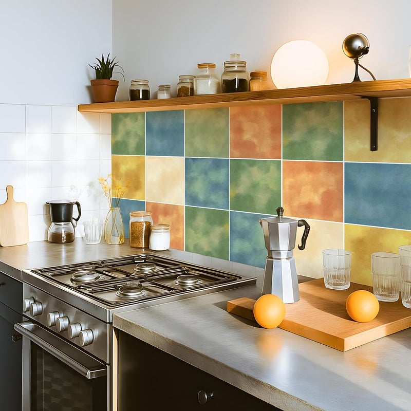 Alwayspon 15x15cmx25Pcs Self Adhesive Vinyl Waterproof Splashback Tiles Sticker, Peel and Stick Tile Transfer Sticker for Bathroom Kitchen Floor Wall, Green Blue Orange Yellow - Image 3