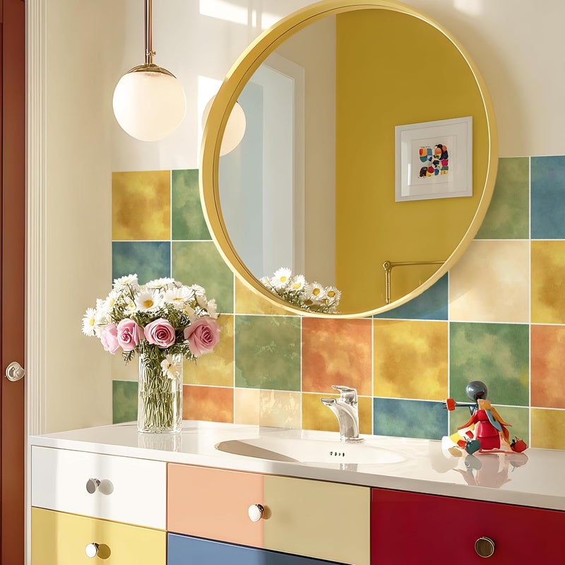 Alwayspon 15x15cmx25Pcs Self Adhesive Vinyl Waterproof Splashback Tiles Sticker, Peel and Stick Tile Transfer Sticker for Bathroom Kitchen Floor Wall, Green Blue Orange Yellow - Image 1