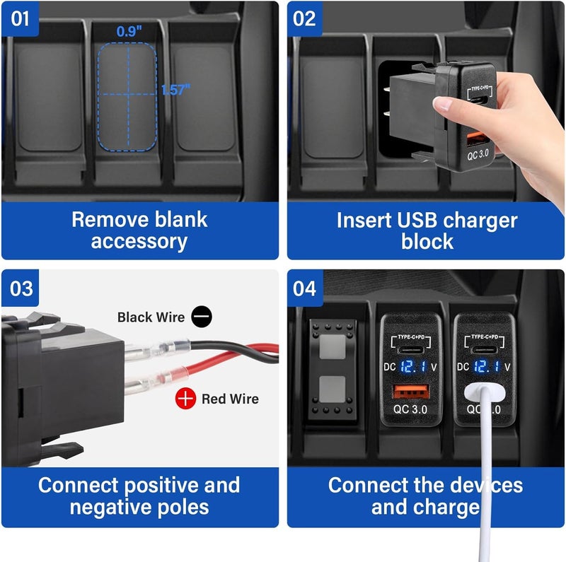 أنينا مقبس شحن USB C من أنينا لتويوتا، منفذ USB مزدوج 12V/24V مع PD3.0 وQC3.0، ومنفذ USB للسيارة مع مقياس فولت LED لتويوتا تندرا 2005-2006، 4رنر 2003-2009، هايلكس 2005-2014 (1.57 × 0.9 بوصة) - Image 3