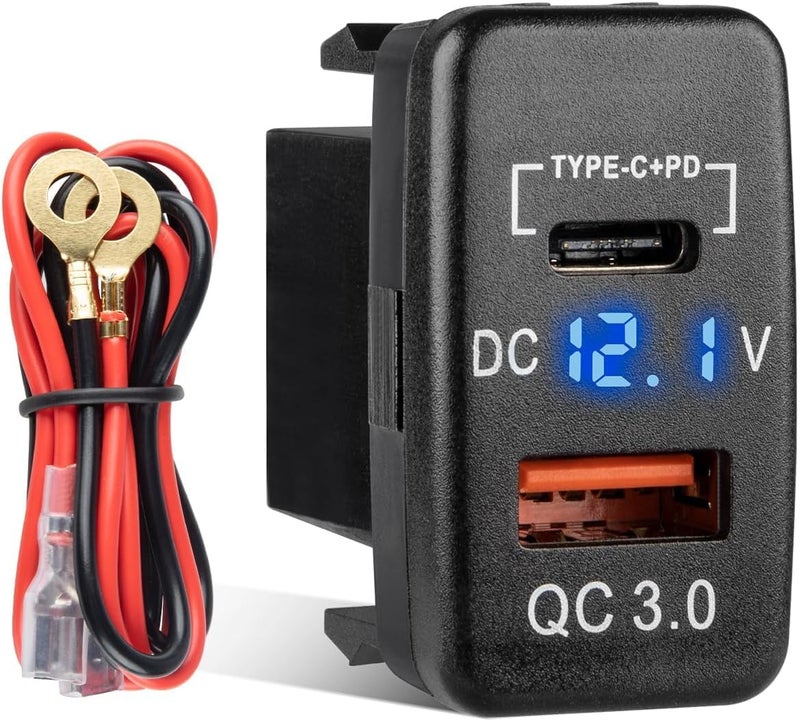 أنينا مقبس شحن USB C من أنينا لتويوتا، منفذ USB مزدوج 12V/24V مع PD3.0 وQC3.0، ومنفذ USB للسيارة مع مقياس فولت LED لتويوتا تندرا 2005-2006، 4رنر 2003-2009، هايلكس 2005-2014 (1.57 × 0.9 بوصة) - Image 1