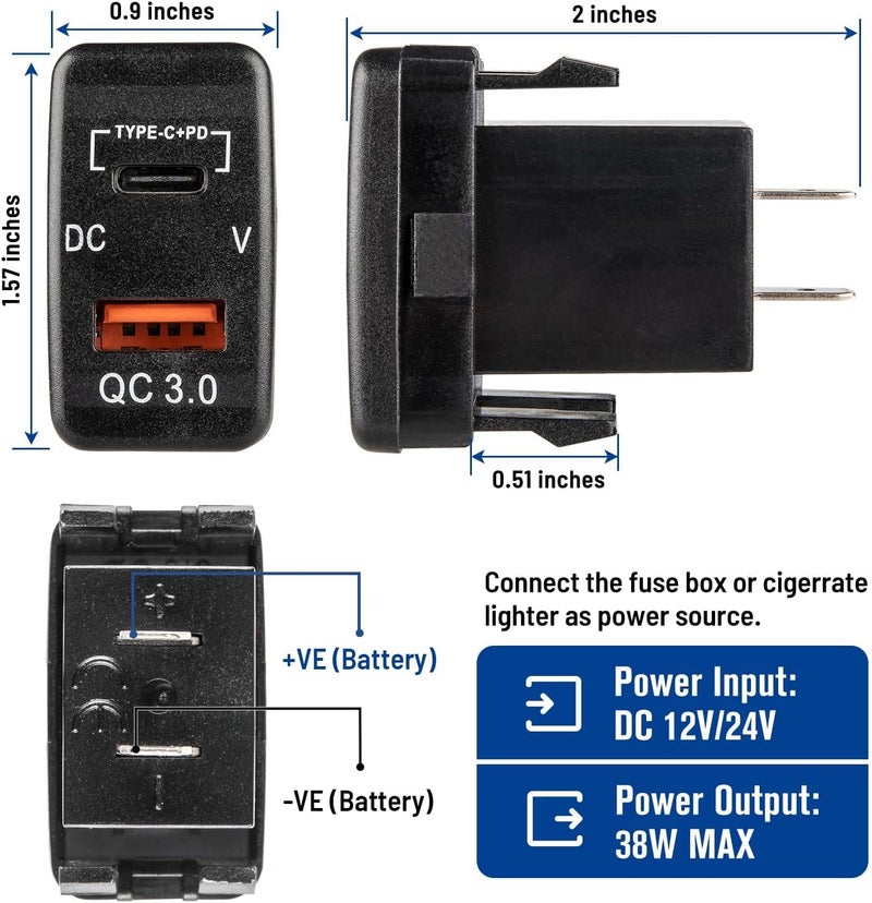 أنينا مقبس شحن USB C من أنينا لتويوتا، منفذ USB مزدوج 12V/24V مع PD3.0 وQC3.0، ومنفذ USB للسيارة مع مقياس فولت LED لتويوتا تندرا 2005-2006، 4رنر 2003-2009، هايلكس 2005-2014 (1.57 × 0.9 بوصة) - Image 2
