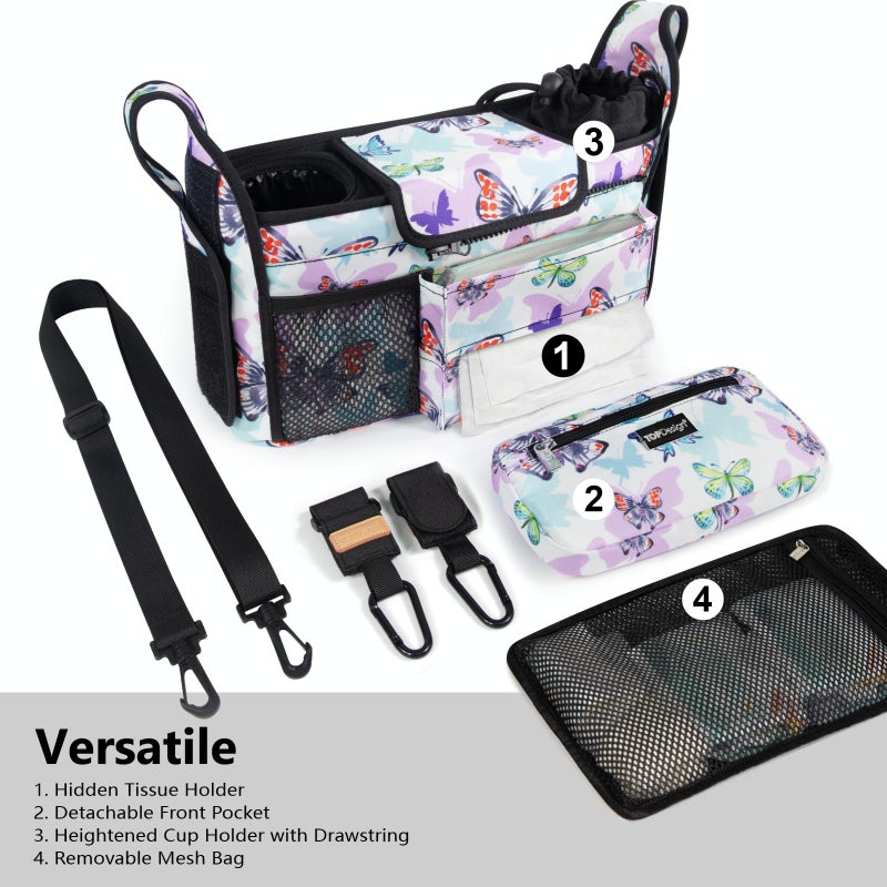 TOPDesign Universal Baby Stroller Organizer, Stroller Caddy with Detachable Mesh Bag & Heightened Insulated Cup Holders & Non-Slip Secure Hooks Accessories, Fits Most Strollers (Butterfly) - Image 2