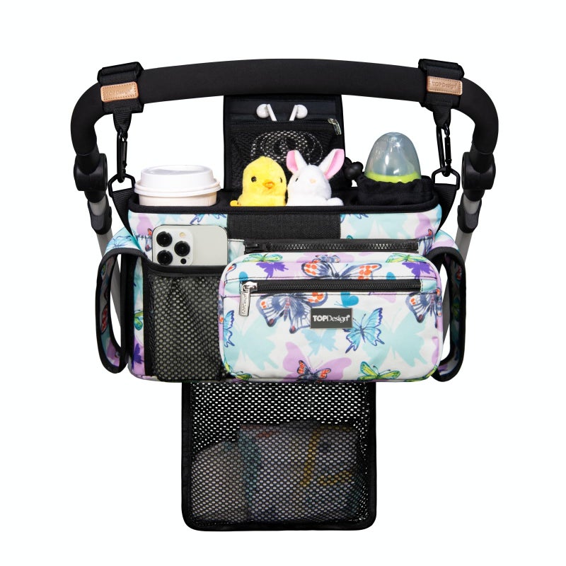 TOPDesign Universal Baby Stroller Organizer, Stroller Caddy with Detachable Mesh Bag & Heightened Insulated Cup Holders & Non-Slip Secure Hooks Accessories, Fits Most Strollers (Butterfly) - Image 1