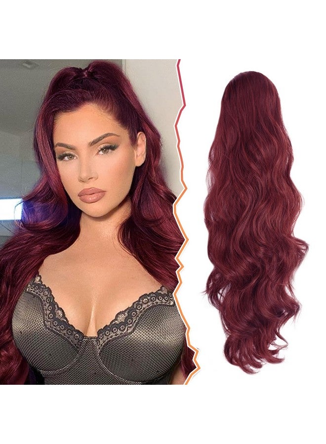 BARSDAR Burgundy Ponytail Extension 26 In Drawstring Wavy Ponytail Hair Extensions Clip In Ponytails For Women Synthetic Red Pony Tail Hairpieces For Girls Daily Party Halloween (Burgundy) - Image 1