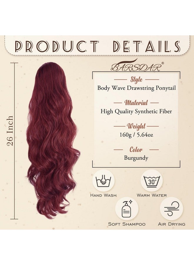 BARSDAR Burgundy Ponytail Extension 26 In Drawstring Wavy Ponytail Hair Extensions Clip In Ponytails For Women Synthetic Red Pony Tail Hairpieces For Girls Daily Party Halloween (Burgundy) - Image 2