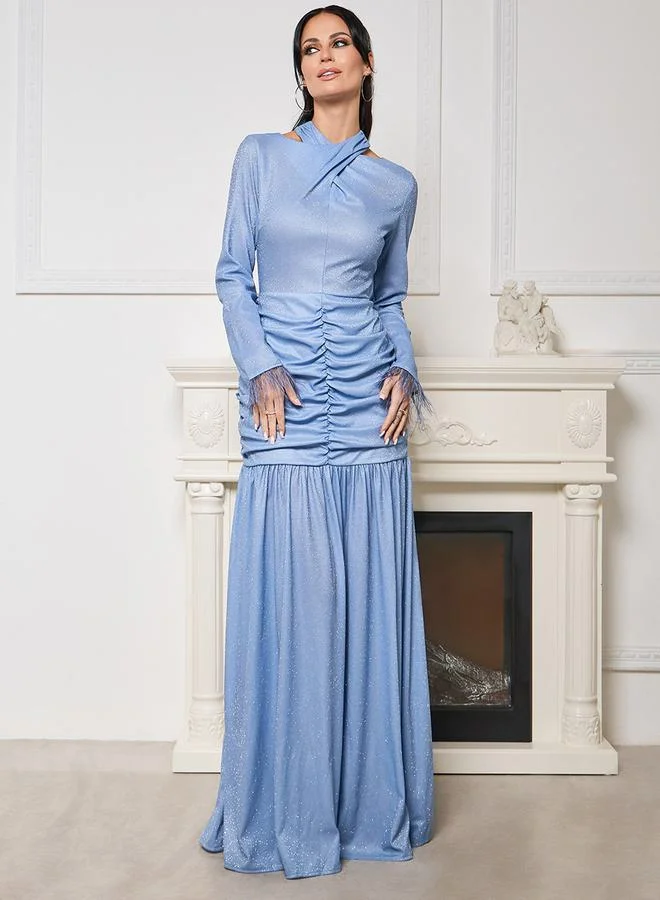ستايلي Front Ruched Shimmer Maxi Dress with Faux Feather Trim