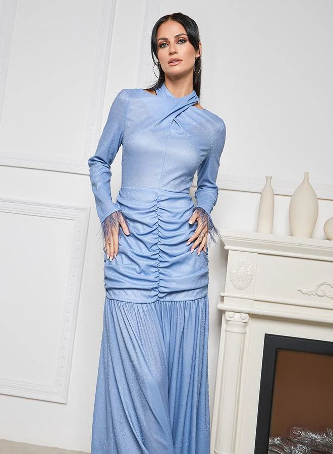 ستايلي Front Ruched Shimmer Maxi Dress with Faux Feather Trim