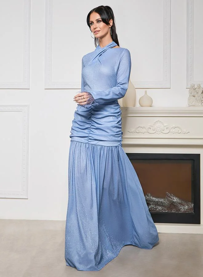 ستايلي Front Ruched Shimmer Maxi Dress with Faux Feather Trim