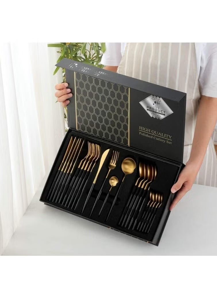 طقم معالق ذهبي أسود-اطقم معالق - طقم شوك وسكاكين ومعالق شيك جدا 24 قطعة -طقم معلقه وشوكه 6 افراد - مجموعة ادوات مائدة فضية من الستانلس ستيل : 24 قطعة من ادوات المائدة وشوك وملاعق وسكين شريحة لحم 6 - قم أدوات مائدة يكفي 6 أشخاص ، 24 قطعة، أدوات مائدة مع شوكة سكين، أدوات مائدة من الفولاذ المقاوم للصدأ، آمن للاستخدام في غسالة الأطباق - Image 1