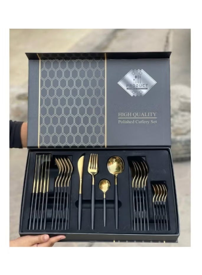 طقم معالق ذهبي أسود-اطقم معالق - طقم شوك وسكاكين ومعالق شيك جدا 24 قطعة -طقم معلقه وشوكه 6 افراد - مجموعة ادوات مائدة فضية من الستانلس ستيل : 24 قطعة من ادوات المائدة وشوك وملاعق وسكين شريحة لحم 6 - قم أدوات مائدة يكفي 6 أشخاص ، 24 قطعة، أدوات مائدة مع شوكة سكين، أدوات مائدة من الفولاذ المقاوم للصدأ، آمن للاستخدام في غسالة الأطباق - Image 2