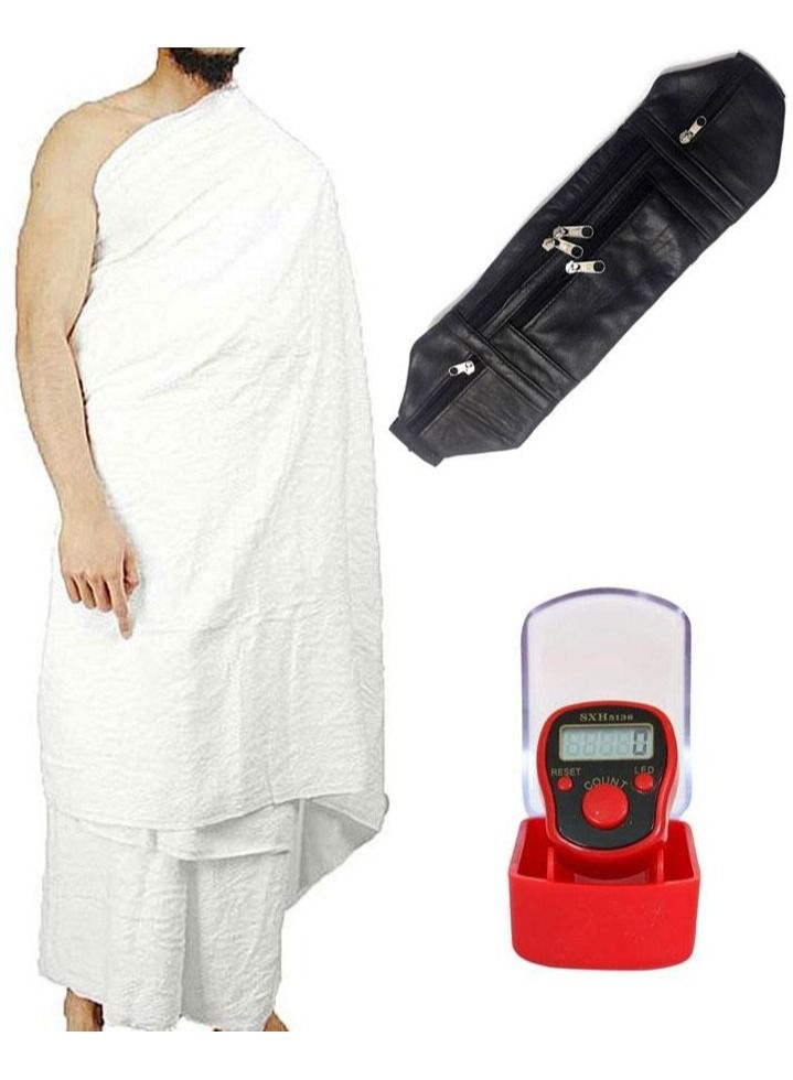 GENELEC ROYAL AHRAM for Men for Hajj and Umrah - 2 Towels - Hygienic Natural 100% Cotton Towels 45 x 90cm Ahram Ihram Ehram with 100% Pure Leather belt and Tasbeeh Counter.  - Image 1
