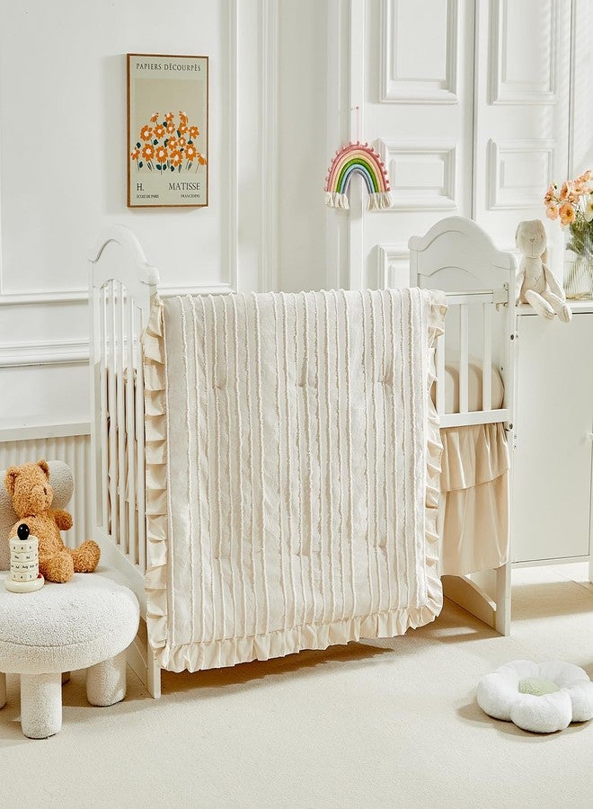 Flysheep 3 Pieces Tufted Stripes Crib Bedding Set with Ruffle Fringe, Beige Ruffled Comforter with Fitted Sheet and Bed Skirt, Soft and Embroidery Shabby Chic Boho Bohemian Jacquard Design for Baby Girls Boys - Image 2