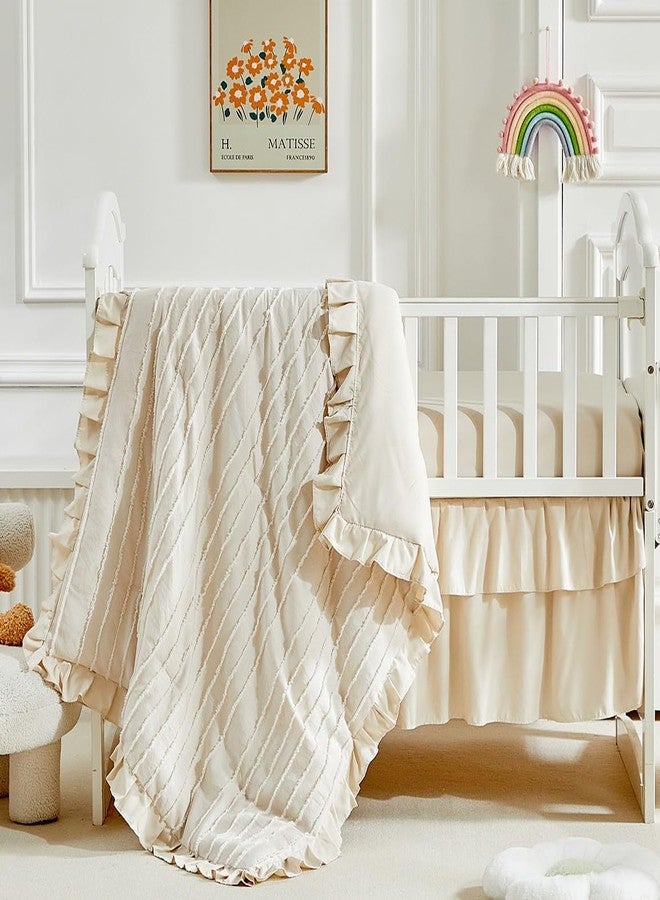 Flysheep 3 Pieces Tufted Stripes Crib Bedding Set with Ruffle Fringe, Beige Ruffled Comforter with Fitted Sheet and Bed Skirt, Soft and Embroidery Shabby Chic Boho Bohemian Jacquard Design for Baby Girls Boys - Image 1