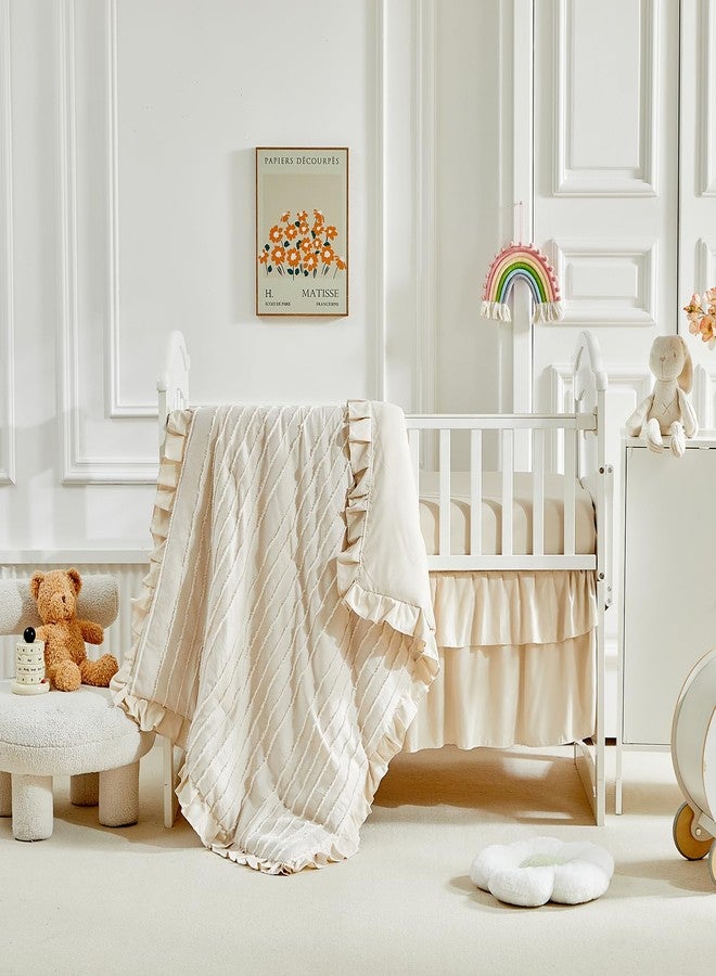 Flysheep 3 Pieces Tufted Stripes Crib Bedding Set with Ruffle Fringe, Beige Ruffled Comforter with Fitted Sheet and Bed Skirt, Soft and Embroidery Shabby Chic Boho Bohemian Jacquard Design for Baby Girls Boys - Image 3