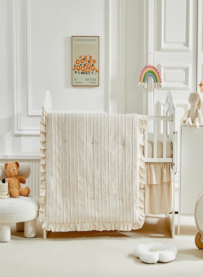 Flysheep 3 Pieces Tufted Stripes Crib Bedding Set with Ruffle Fringe, Beige Ruffled Comforter with Fitted Sheet and Bed Skirt, Soft and Embroidery Shabby Chic Boho Bohemian Jacquard Design for Baby Girls Boys - Image 4