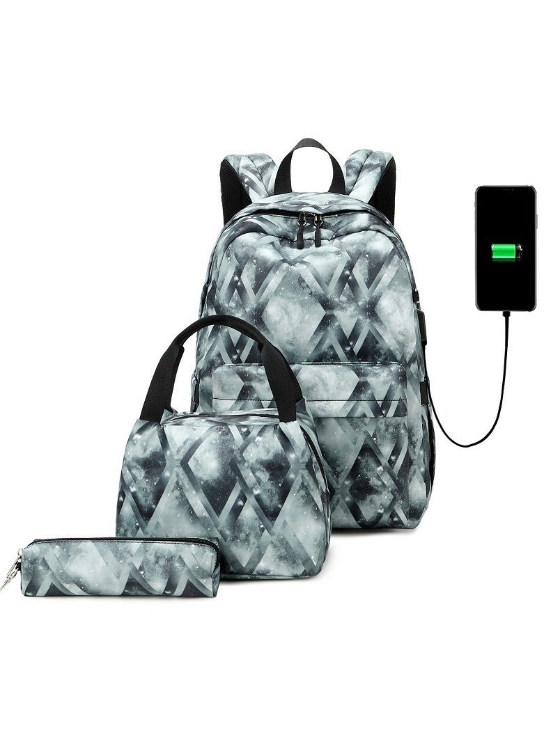 Joychic 3-Piece Graphic Printed Casual Backpack Waterproof Durable School Bag with USB Charging and Lunch Box Pencil Pouch Grey for Middle High College Students - Image 4