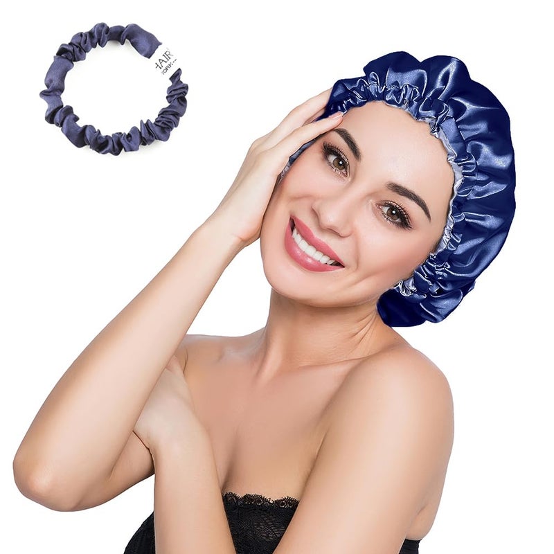 ELIHAIR Stain Bonnet Silky Sleep Cap Adjustable Satin Cap for Night Sleeping Hair Bonnet Reversible Double Layer Navy BlueLight Purple