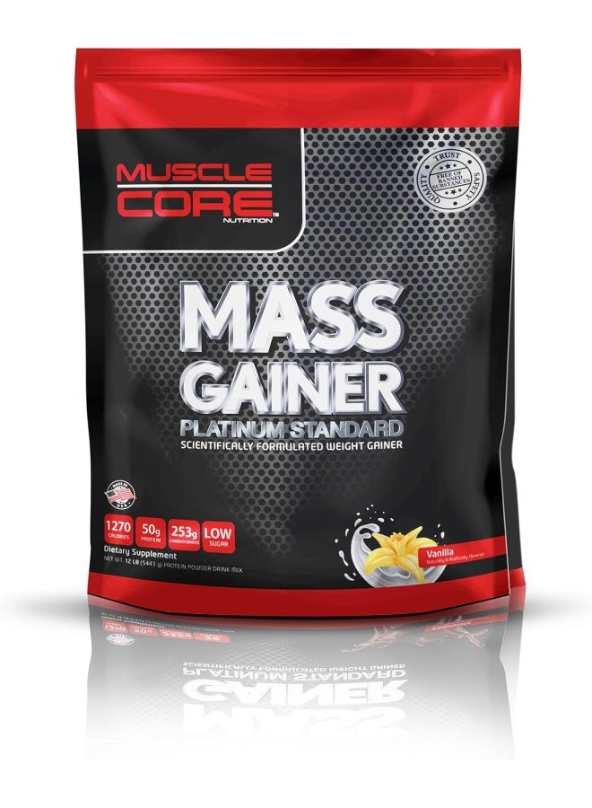 Muscle Core Nutrition Mass Gainer Platinum Standard Weight Gainer Supplement 12LB (5.4kg) | Vanilla Flavor, 50g Protein, Low Sugar| For Muscle Growth Strength & Recovery Protein Carb Blend - Image 1