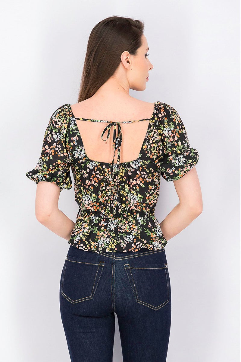 Miss Selfridge Women Floral Puff Sleeves Top, Black Combo - Image 3