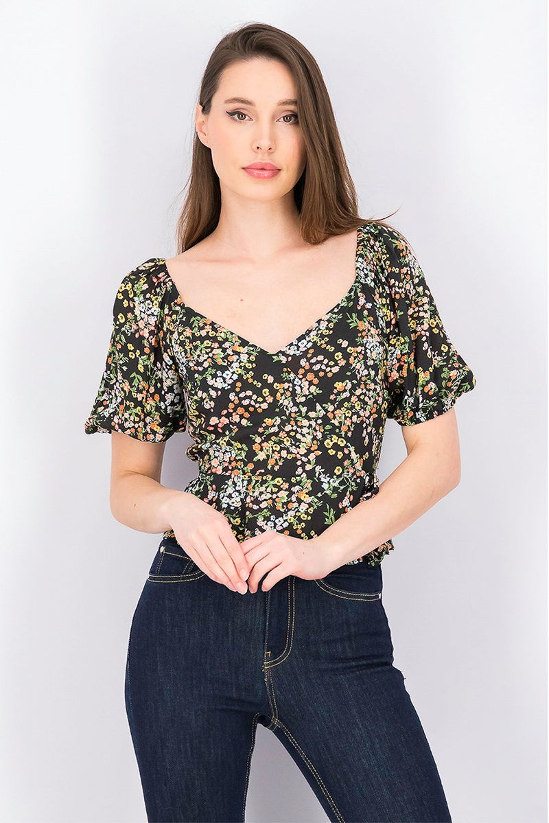 Miss Selfridge Women Floral Puff Sleeves Top, Black Combo - Image 1