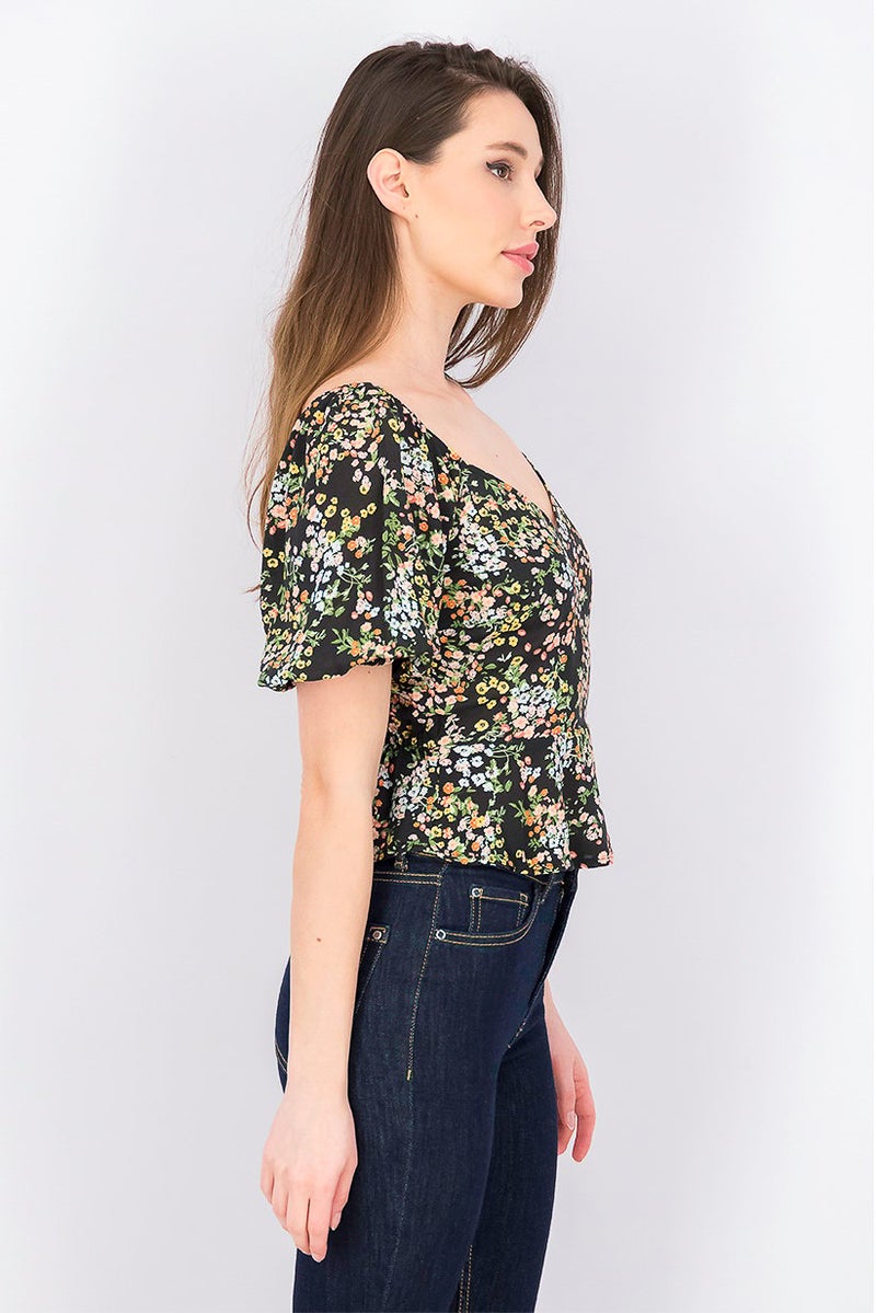 Miss Selfridge Women Floral Puff Sleeves Top, Black Combo - Image 2
