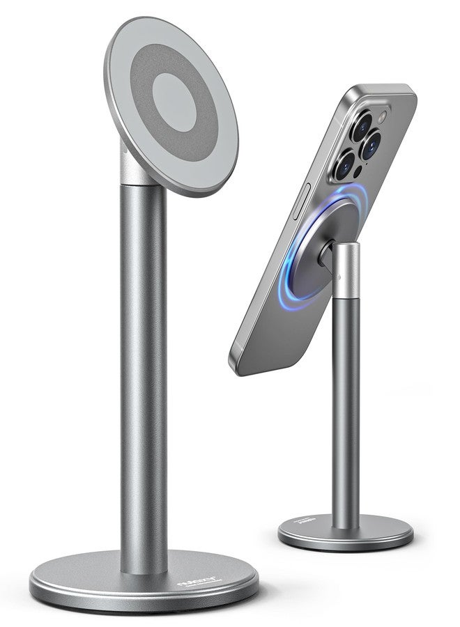 Nulaxy Magnetic Full Aluminum Cell Phone Stand for MagSafe with Metal Ring, 360 Rotating Phone Stand for Desk, Office Desk Accessories, Adjustable Phone Holder Compatible with All Phones, Gray - Image 1