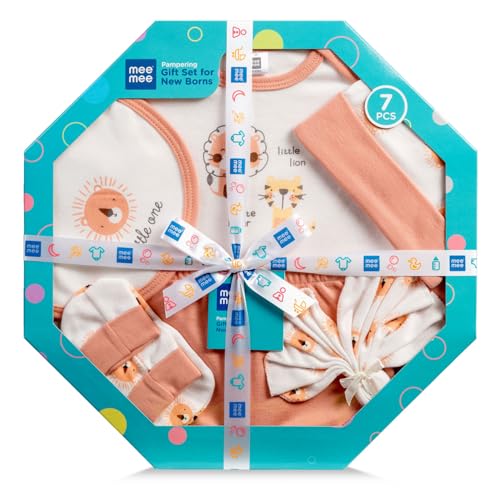 Mee Mee New Born Baby Gift Set | Soft Cotton Clothing Essentials for Infants/Baby Girls, Boys | Baby Shower Clothing Hamper (7 Pieces, Orange)| Ideal Gift for New Born Baby - Image 1