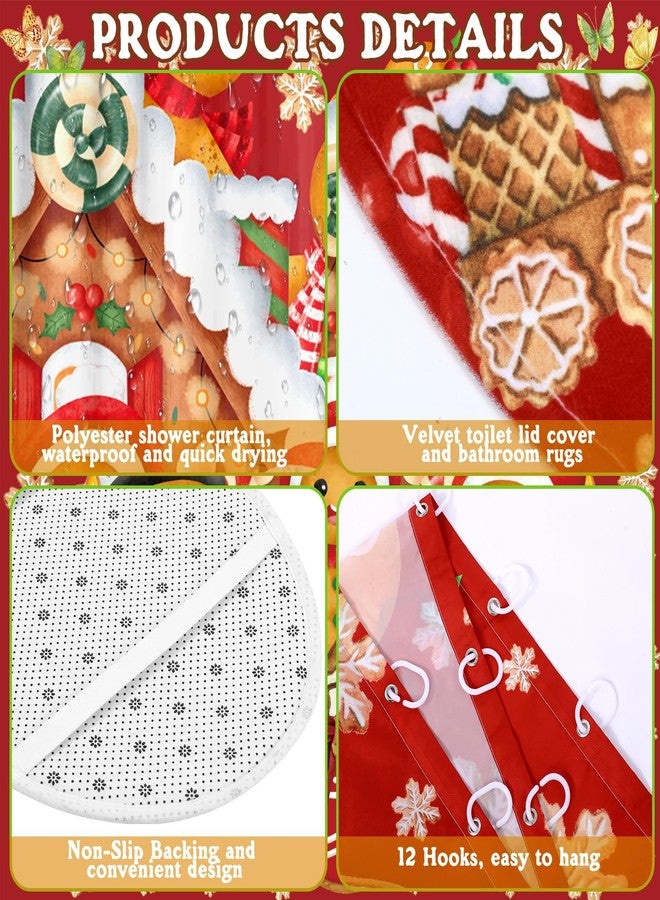 FuWeave مجموعة ستارة دش عيد الميلاد 8 قطع من فويف مع ديكور حمام سانتا شجرة عيد الميلاد مناشف يد رجل الزنجبيل غطاء مرحاض رجل الثلج سجادات حمام ستارة دش عيد الميلاد مع خطافات - Image 3