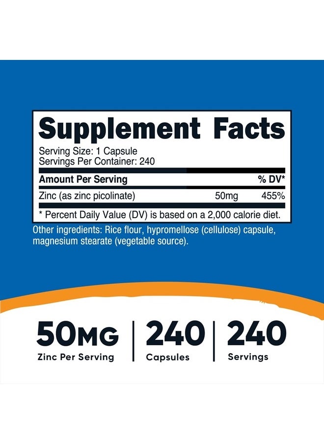 Nutricost - بيكولينات الزنك 50 مجم، 240 كبسولة نباتية - خالية من الجلوتين وغير معدلة وراثيًا (240 كبسولة) - Image 1