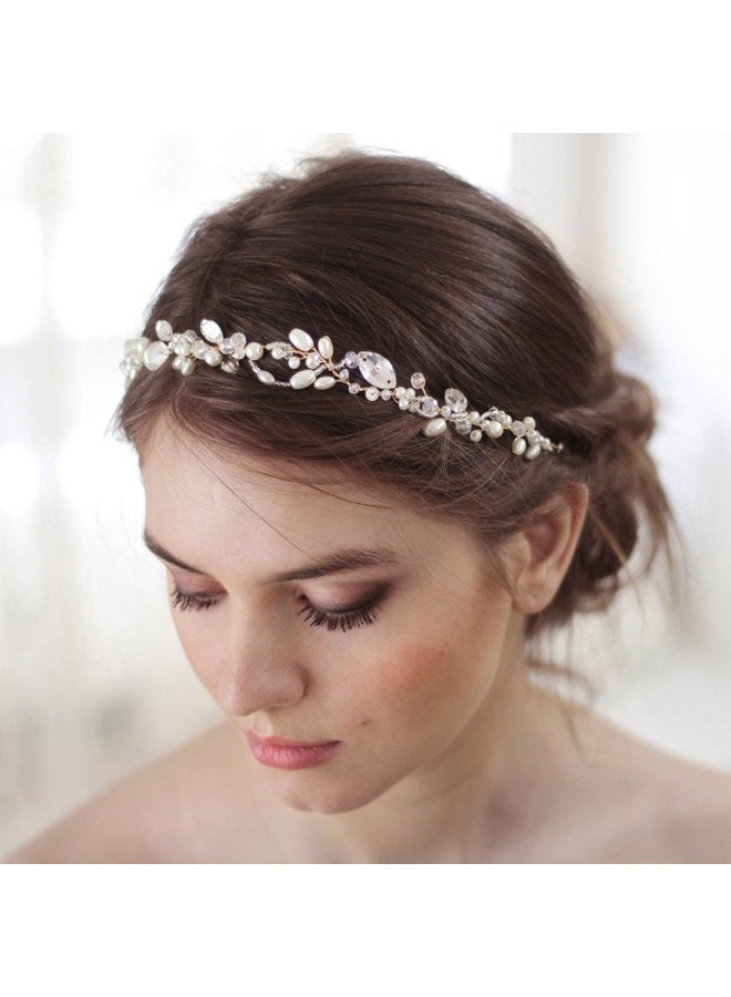 Kercisbeauty Wedding Bridal Headband with Pearl Crystal Headpiece for Women Girls Prom Headpiece Vintage Boho Tiara Bridesmaid Hair Accessories (Rose Gold) - Image 3