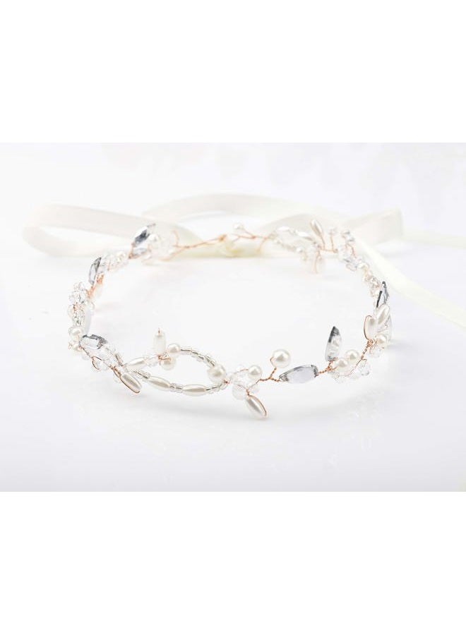 Kercisbeauty Wedding Bridal Headband with Pearl Crystal Headpiece for Women Girls Prom Headpiece Vintage Boho Tiara Bridesmaid Hair Accessories (Rose Gold) - Image 4