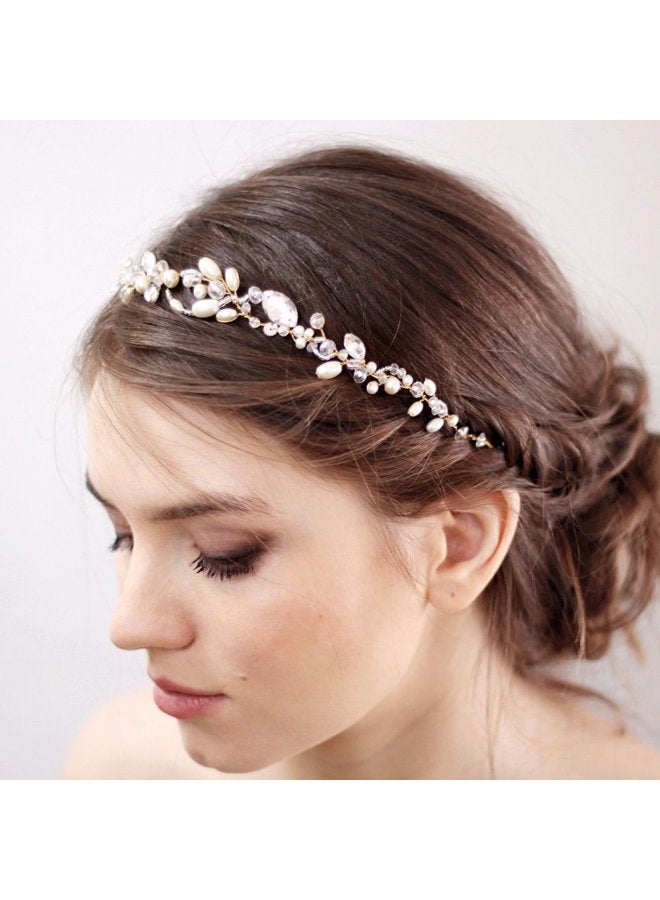 Kercisbeauty Wedding Bridal Headband with Pearl Crystal Headpiece for Women Girls Prom Headpiece Vintage Boho Tiara Bridesmaid Hair Accessories (Rose Gold) - Image 2