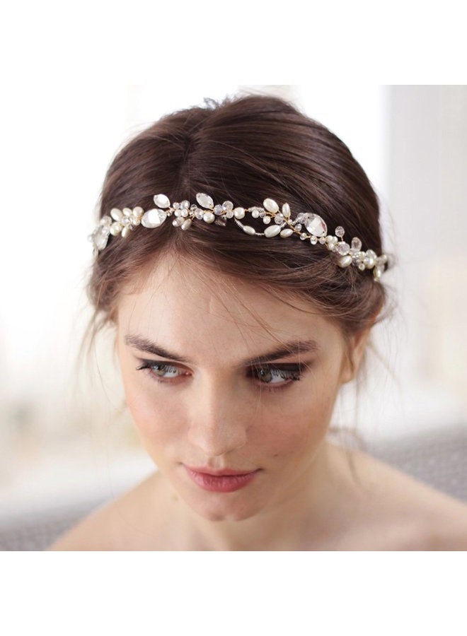 Kercisbeauty Wedding Bridal Headband with Pearl Crystal Headpiece for Women Girls Prom Headpiece Vintage Boho Tiara Bridesmaid Hair Accessories (Rose Gold) - Image 1
