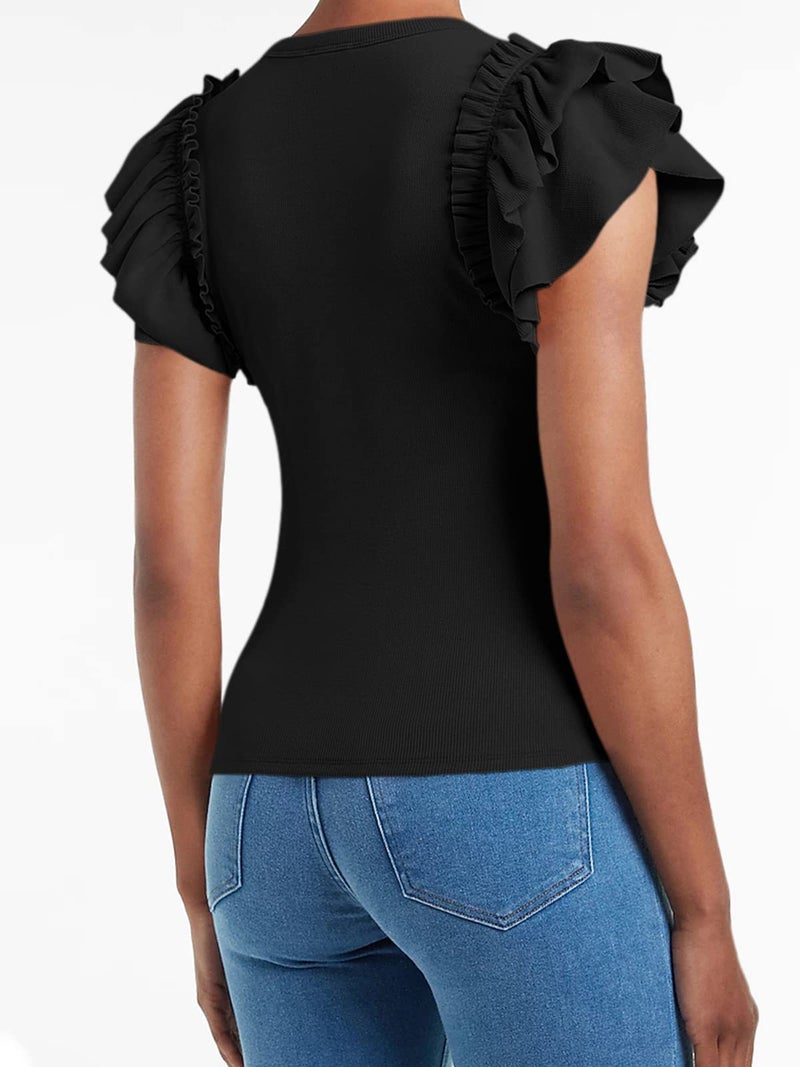 Farktop Womens Ruffle Short Sleeve Shirts Slim Fit High Neck Knit Ribbed Tops (Black, Large) - Image 2