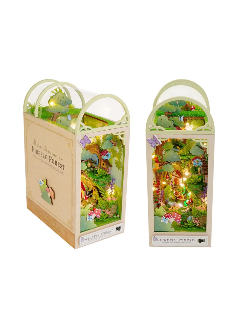 SYOSI DIY Book Nook Kit with Wood Bookend, Booknook Bookshelf Insert Kit Bookshelf Insert DIY Miniature Kit Booknook Bookshelf DIY Kit for Adult, Gift for Birthday Halloween, Firefly Forest - Image 1