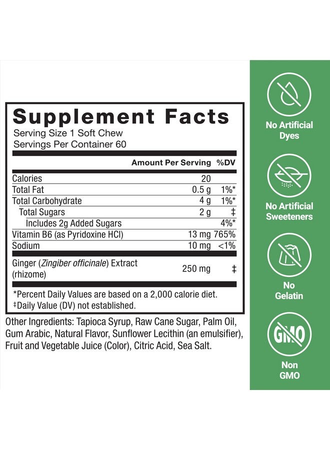 FORCE FACTOR حلوى الزنجبيل لتخفيف الغثيان، دوار الحركة، وغثيان الصباح، مكمل الزنجبيل مع فيتامين B6 لدعم الهضم، غير معدّل وراثياً، بنكهة العسل والليمون والزنجبيل، 60 حلوى لينة - Image 5