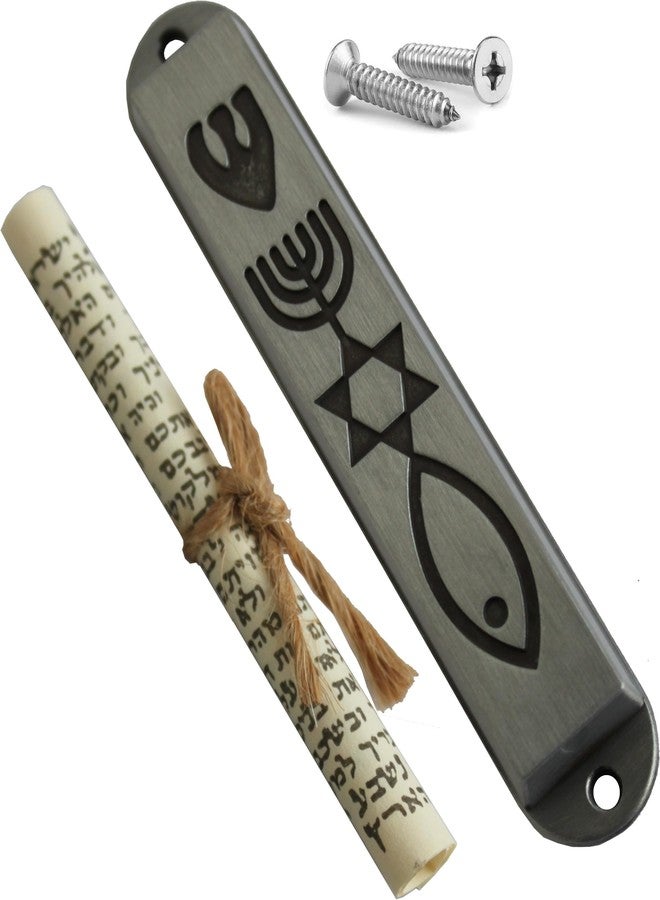 Holy Land Market Messianic Seal Mezuzah Case - Heavy Pewter, 3.5 in, Jewish/Christian Symbol, Smooth Surface - Image 1
