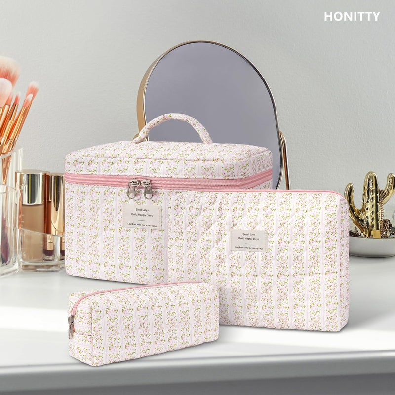 honitty Makeup Bag,Quilted Cosmetic Bags,Large Floral Make Up Organize bag,Makeup Bag Set for Women,Flower Travel Toiletry Bag - Image 5